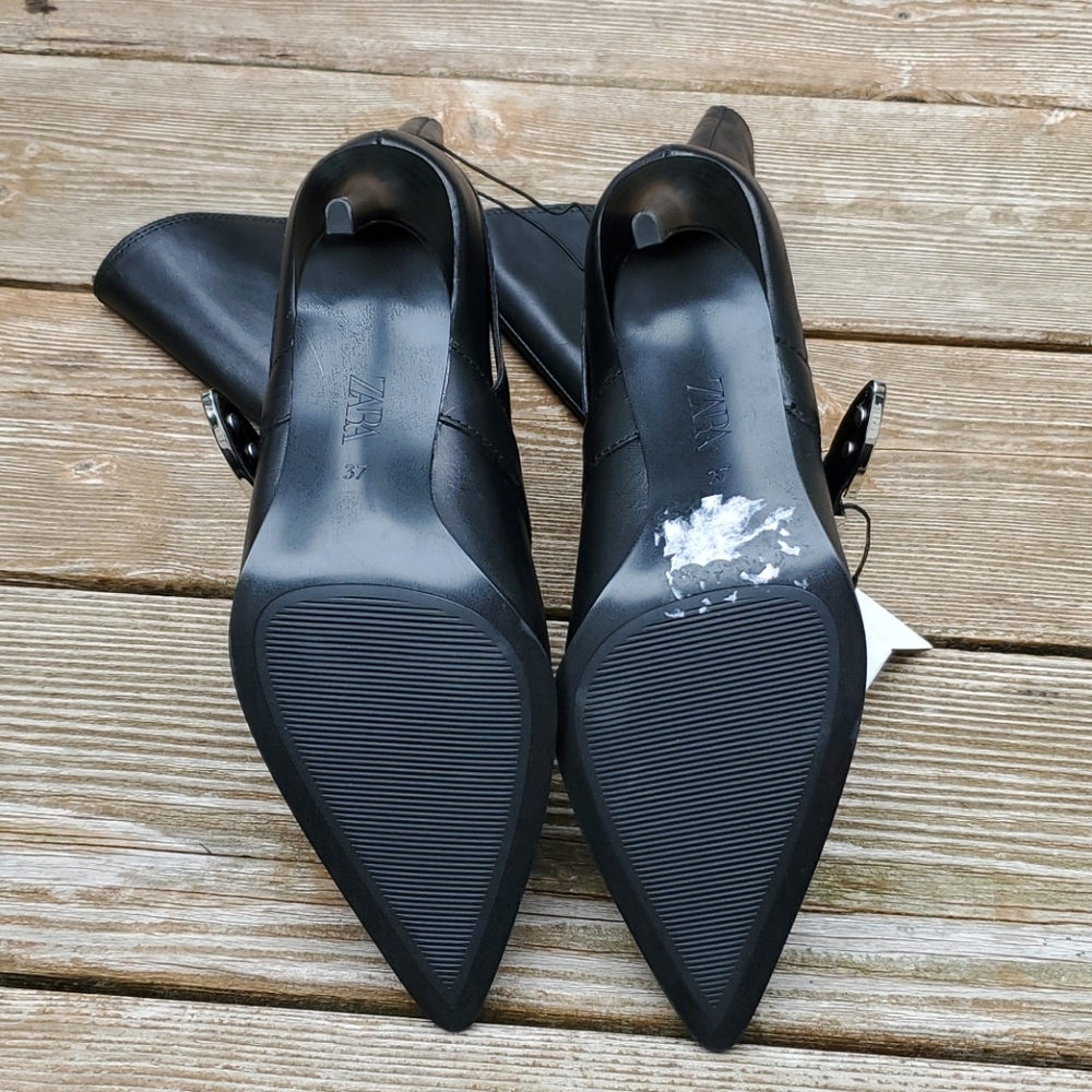 Zara leather high heel boots with cowboy strap with metal buckle detail - Picture 10 of 16